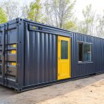 ตู้คอนเทนเนอร์เหล็กสีดำ ประตูเหลือง พร้อมหน้าต่างบานเลื่อน